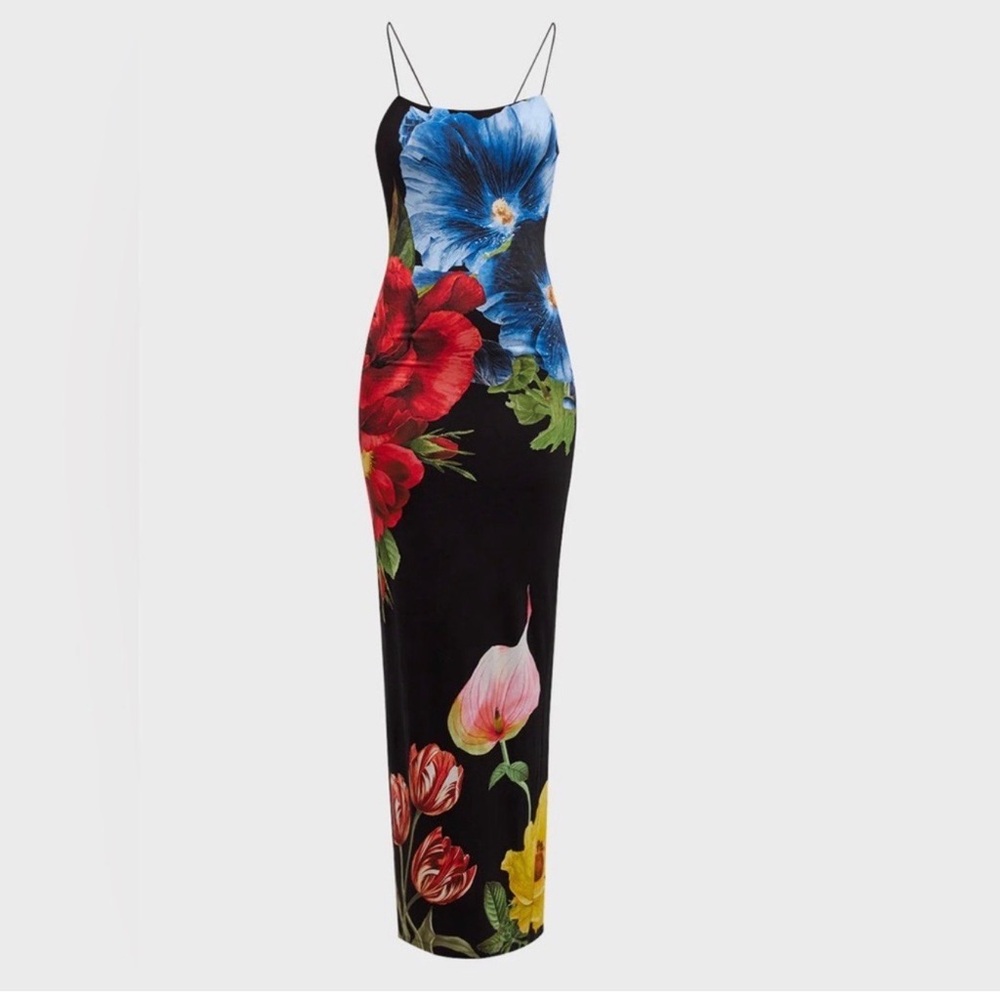 Alice + Olivia Black Maxi Dress with Vibrant Floral Design